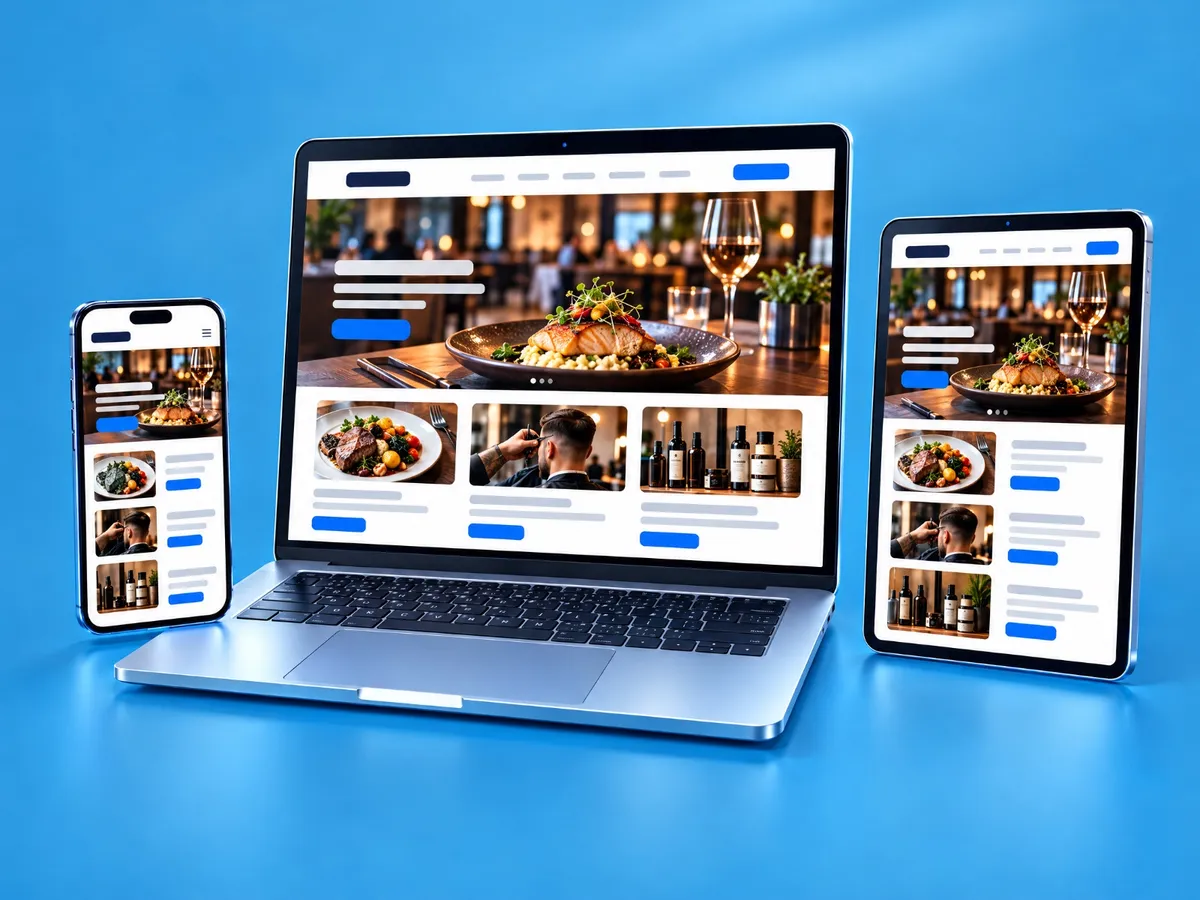 Site exibido em notebook, tablet e celular